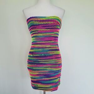 NWT WOW COUTURE Strapless Neon Multi-Color Knit Bodycon Mini Dress Size Medium